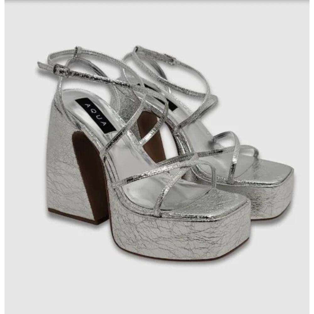 Aqua Chance Strappy Open Toe Platform Block Heels Metallic Silver Sandals sz 9